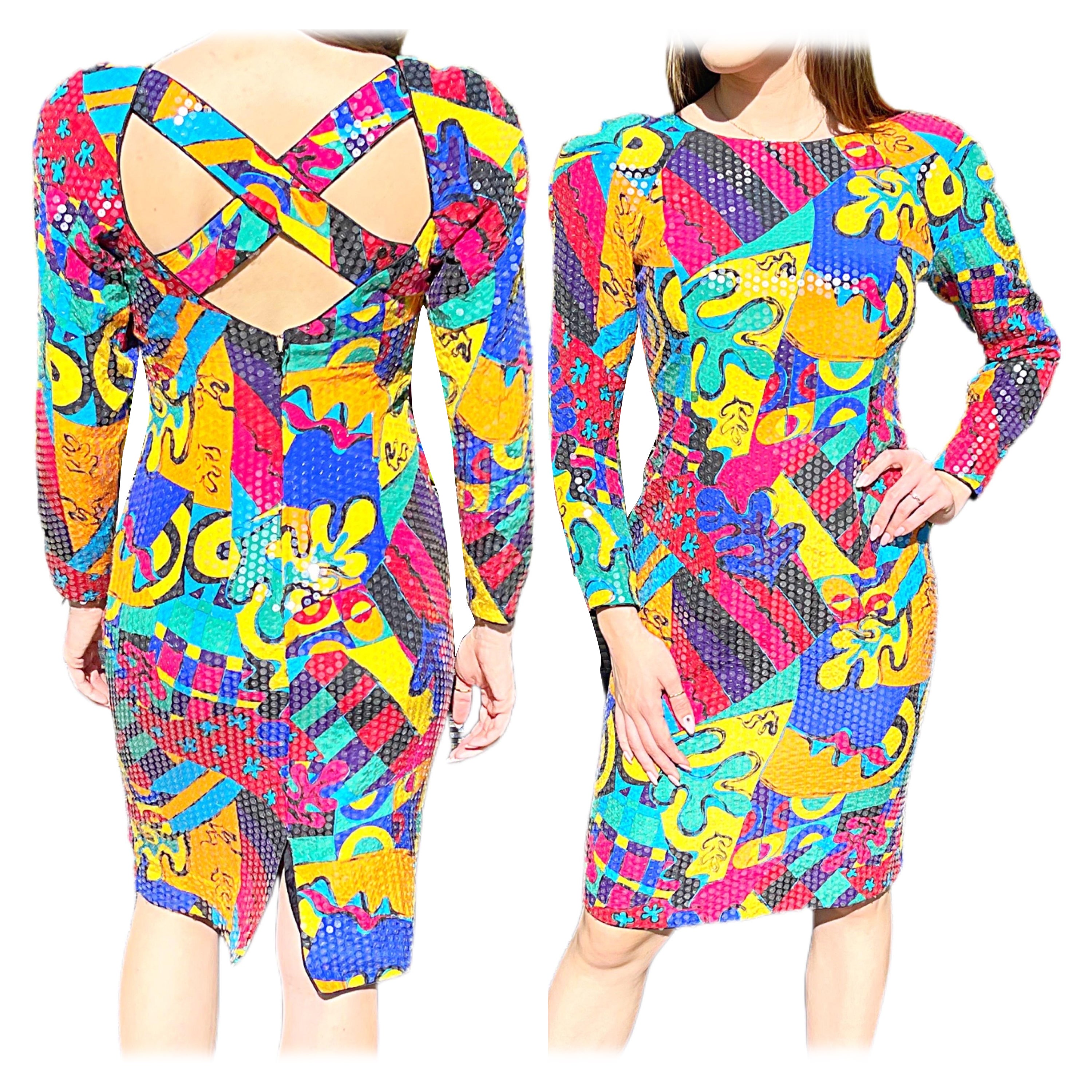 1980s Saks 5th Avenue Size 6 /8 Fully Sequined Colorful Graffiti Print 80s Dress For Sale