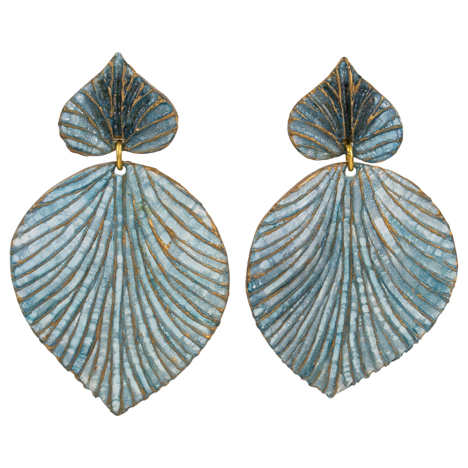 Francoise Montague by Cilea Dangle Resin Clip Earrings Blue and Gold Leaves For Sale