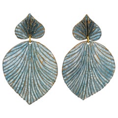 Francoise Montague by Cilea Dangle Resin Clip Earrings Blue and Gold Leaves