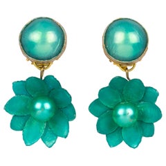 Francoise Montague by Cilea Clip Earrings Turquoise Green Flower