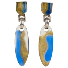 Used Dominique Denaive Paris Blue and Gold Pearlized Resin Dangle Clip Earrings