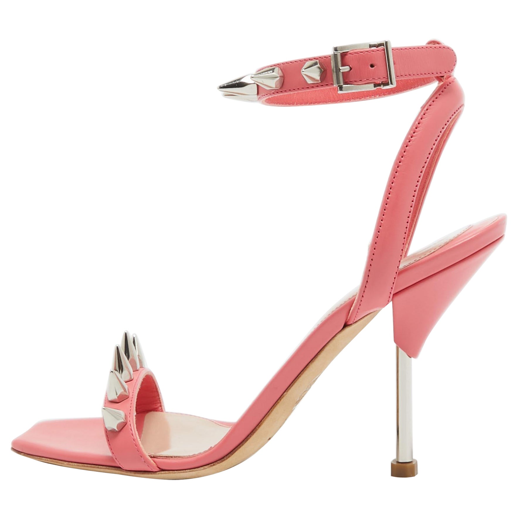 Alexander McQueen Pink Leather Spike Ankle Strap Sandals Size 36.5 For Sale