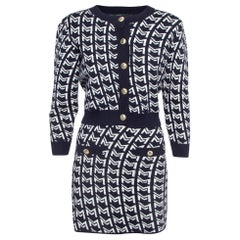 Maje Navy Blue/White Monogram Knit Cardigan and Mini Skirt Set S/XS