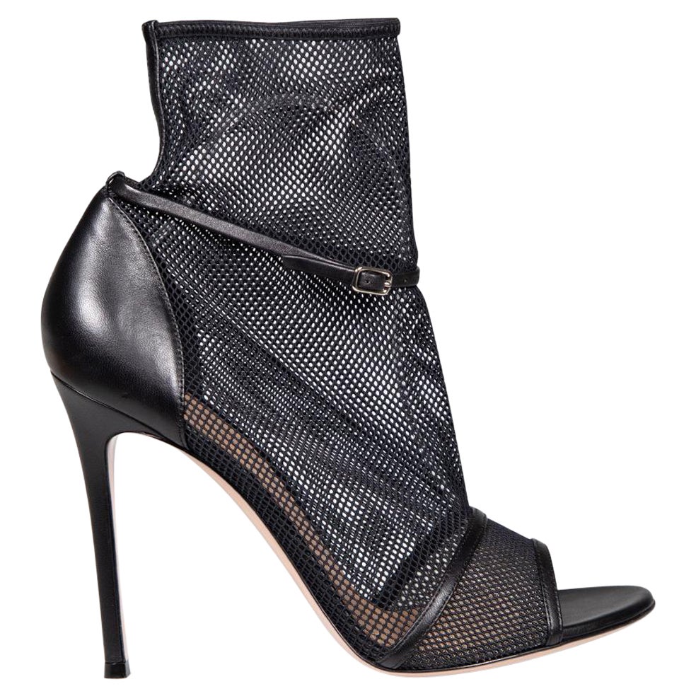 Gianvito Rossi Black Leather & Mesh Idol Open Toe Ankle Heels Size IT 41 For Sale