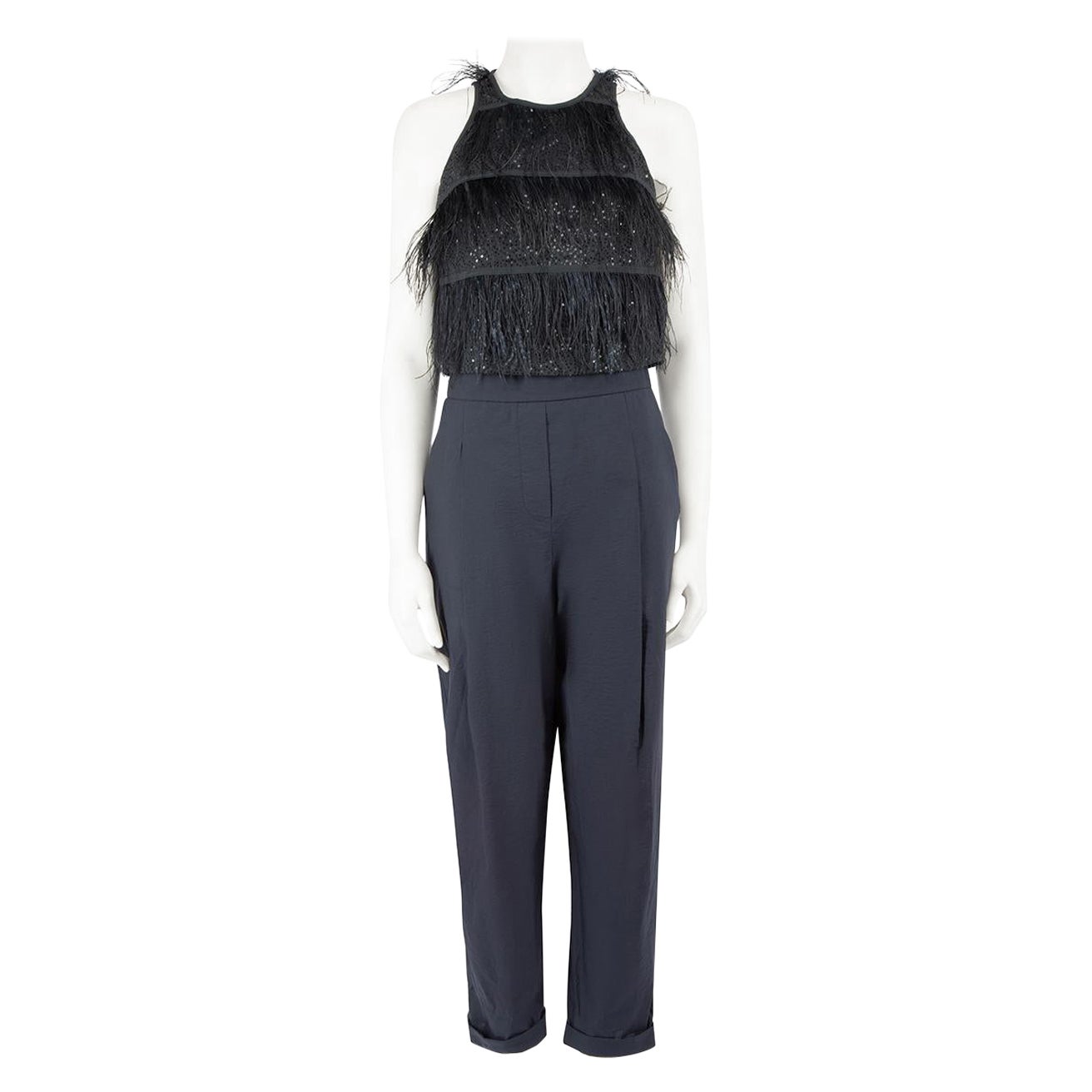 Brunello Cucinelli Navy Ostrich Feather Jumpsuit Size S For Sale