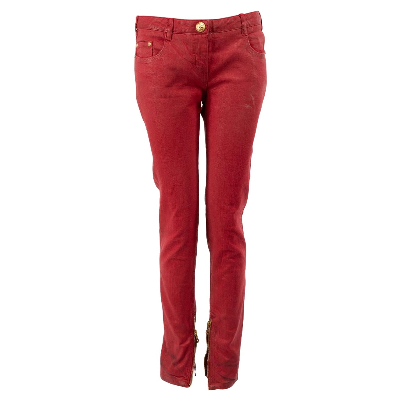 Balmain Red Zip Detail Skinny Jeans Size L For Sale