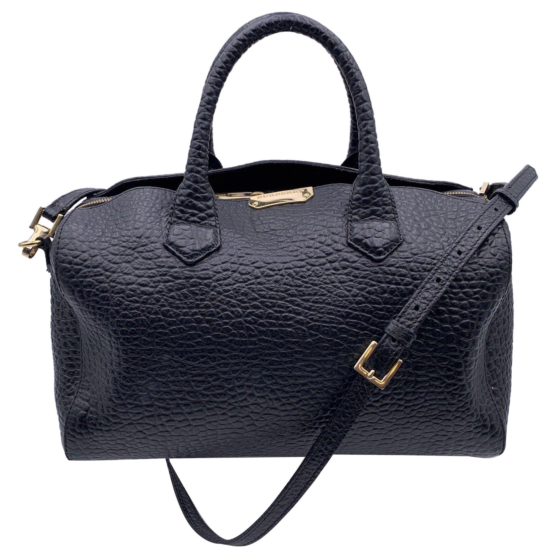 Burberry Black Pebbled Leather Handbag Boston Bag with Strap