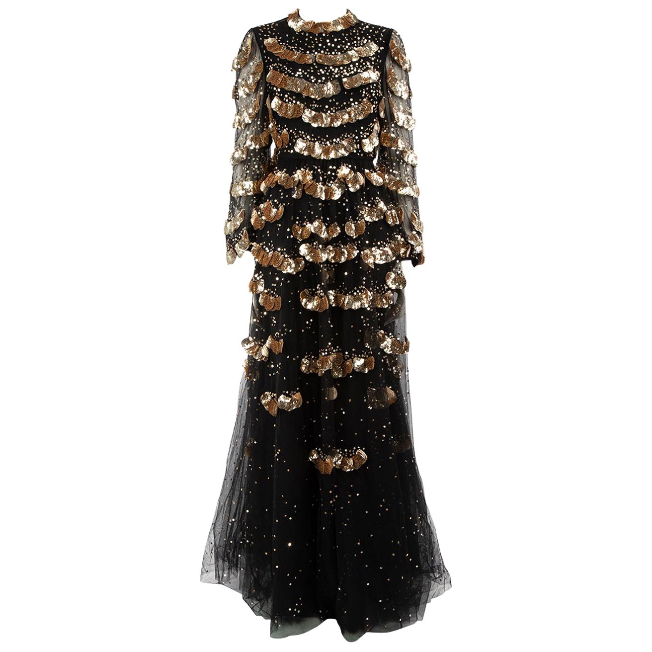 Valentino Garavani Black Sequin Embellished Tulle Maxi Gown Size S For Sale