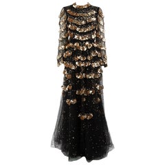 Valentino Garavani Black Sequin Embellished Tulle Maxi Gown Size S