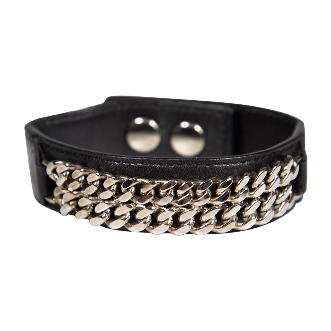 Saint Laurent Black Leather Silver Chain Bracelet For Sale