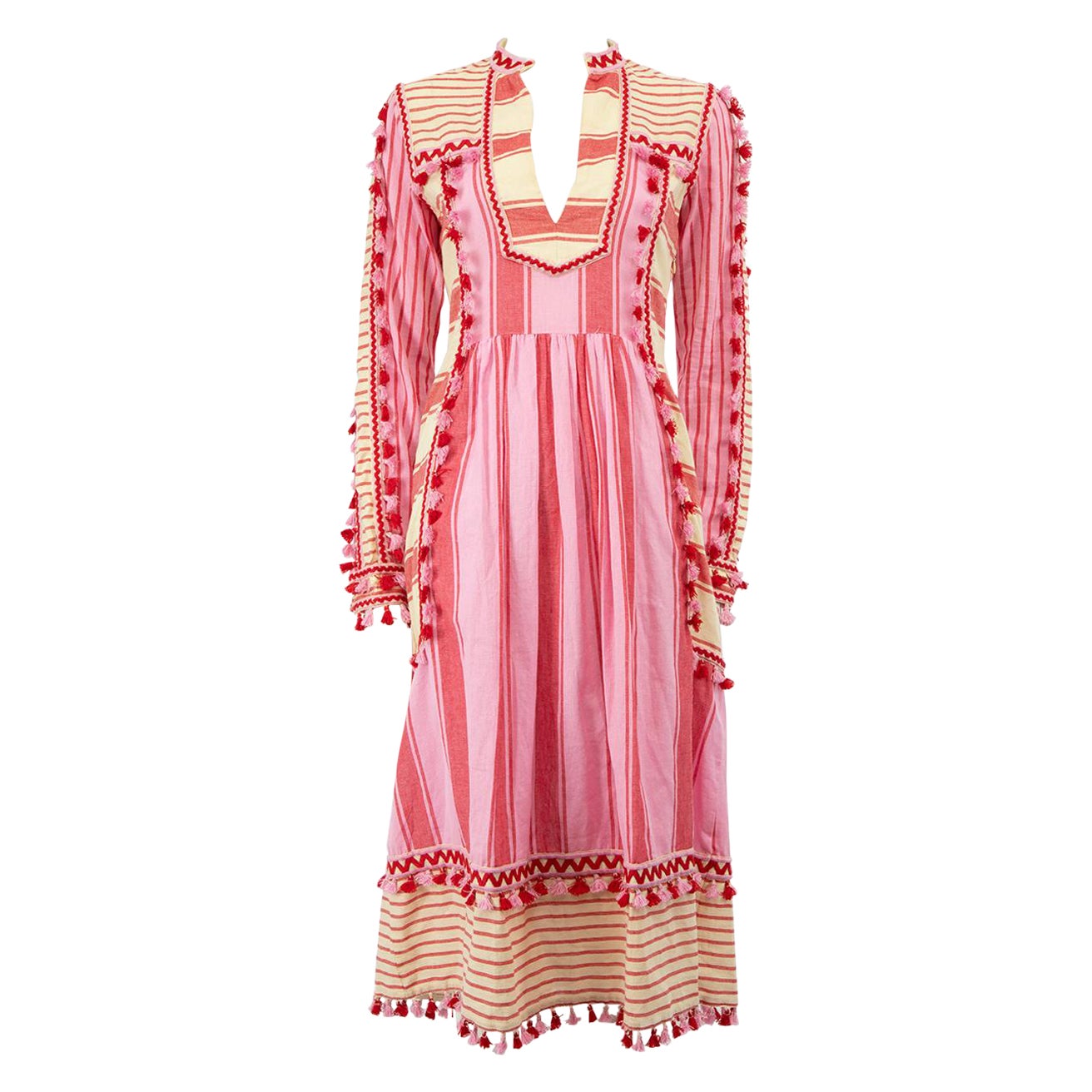 Dodo Bar Or Pink Striped Tassel V Neck Midi Dress Size M For Sale