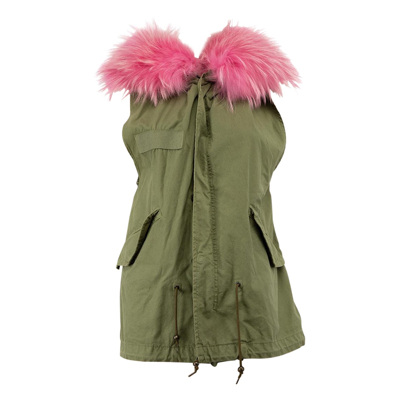 Mr & Mrs Italy Khaki Raccon Fur Hooded Parka Vest Size XS For Sale
