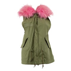 Mr & Mrs Italy Khaki Raccon Fur Hooded Parka Vest Size XS