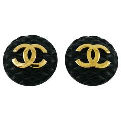 Chanel Vintage Large Black Quilted Logo Clip-On Earrings