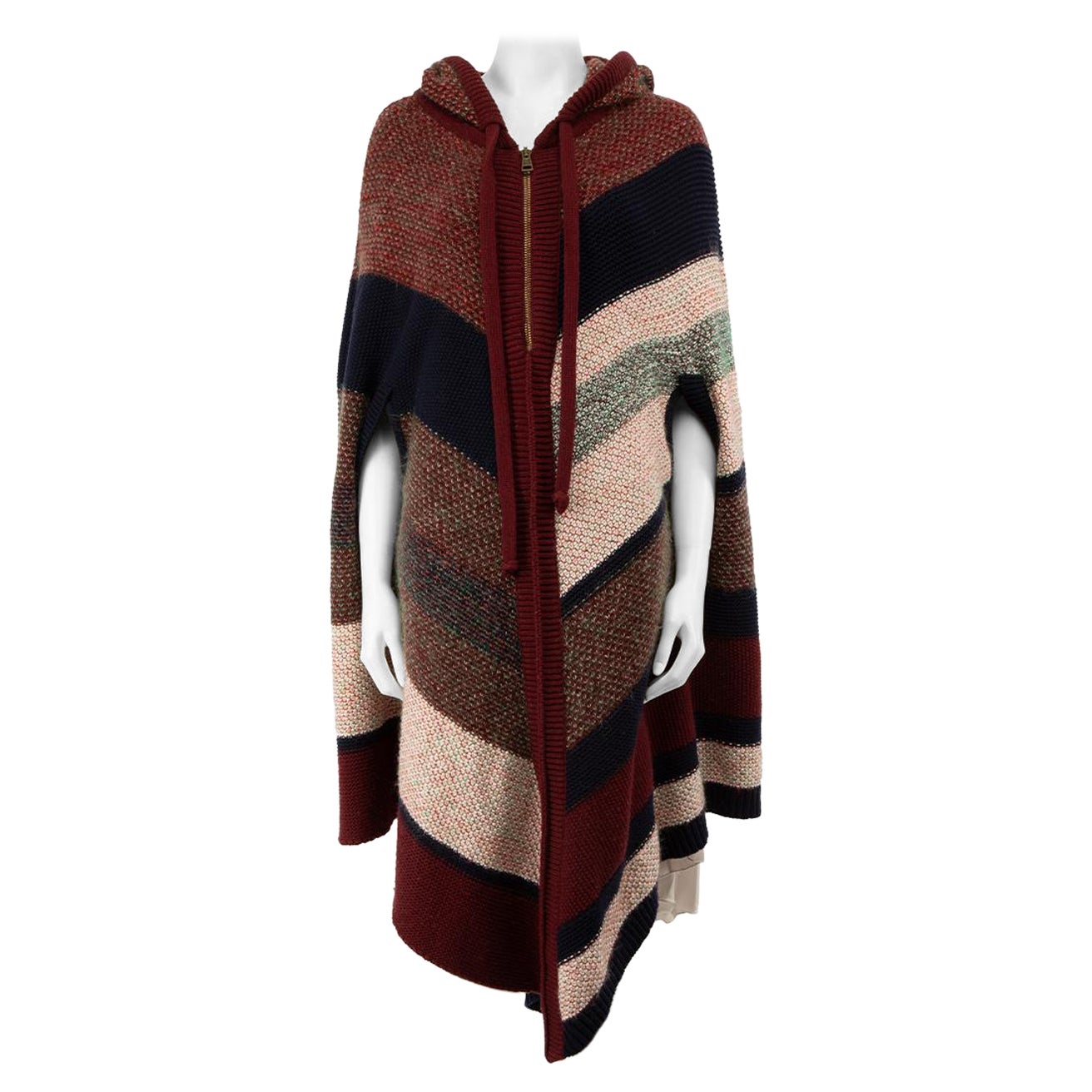 Chloé Striped Wool Hooded Knitted Zip Poncho Size M For Sale