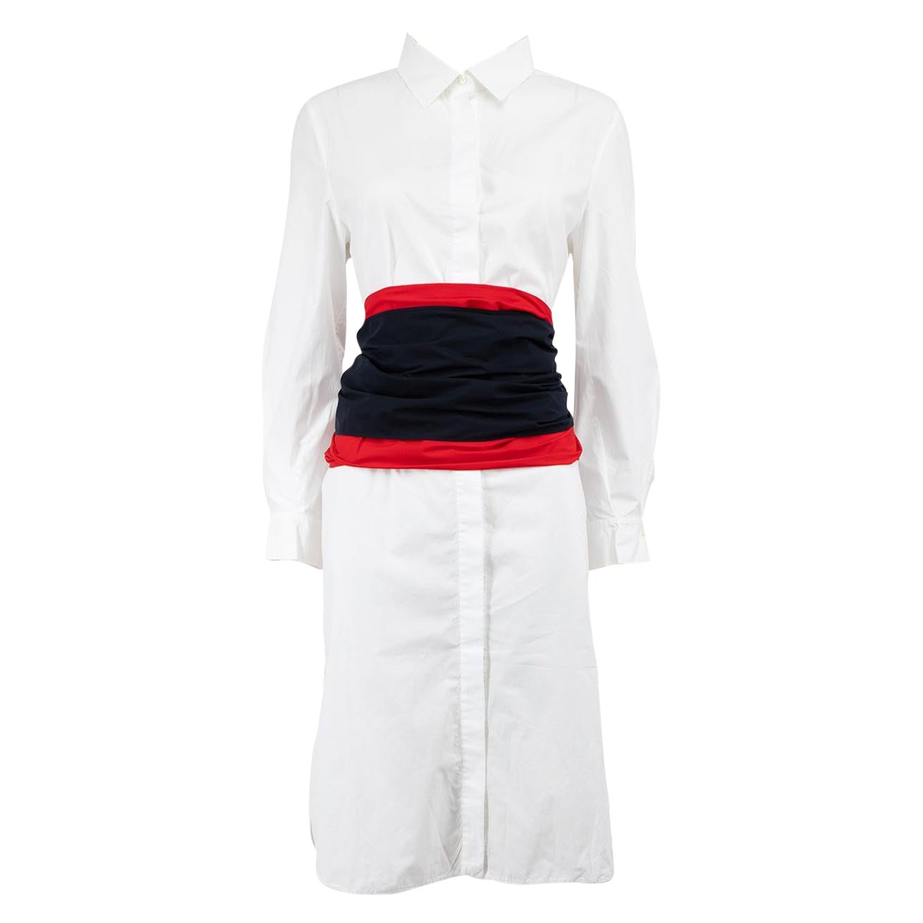 Carolina Herrera White Two-Tone Belted Shirt Dress Size XL For Sale