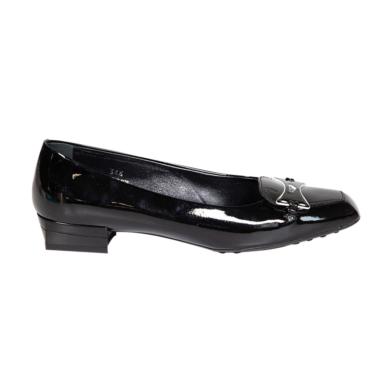Tod's Black Patent Leather Square Toe Flats Size IT 34.5 For Sale