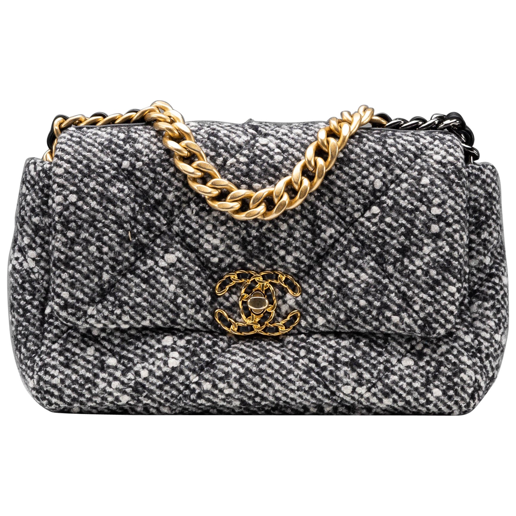 Chanel 19 Quilted Tweed Flap Bag Small/Regular Gold Hardware For Sale