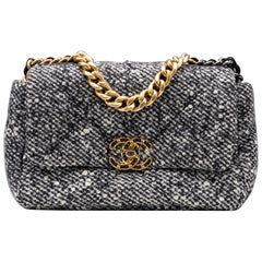 Used Chanel 19 Quilted Tweed Flap Bag Small/Regular Gold Hardware