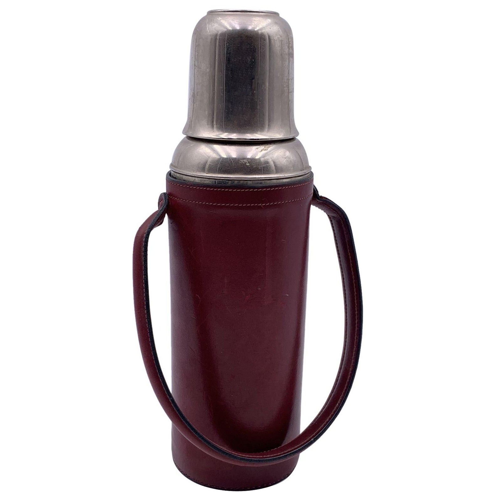 Franzi Vintage Burgundy Leather Silver Metal Thermos Vacuum Flask For Sale