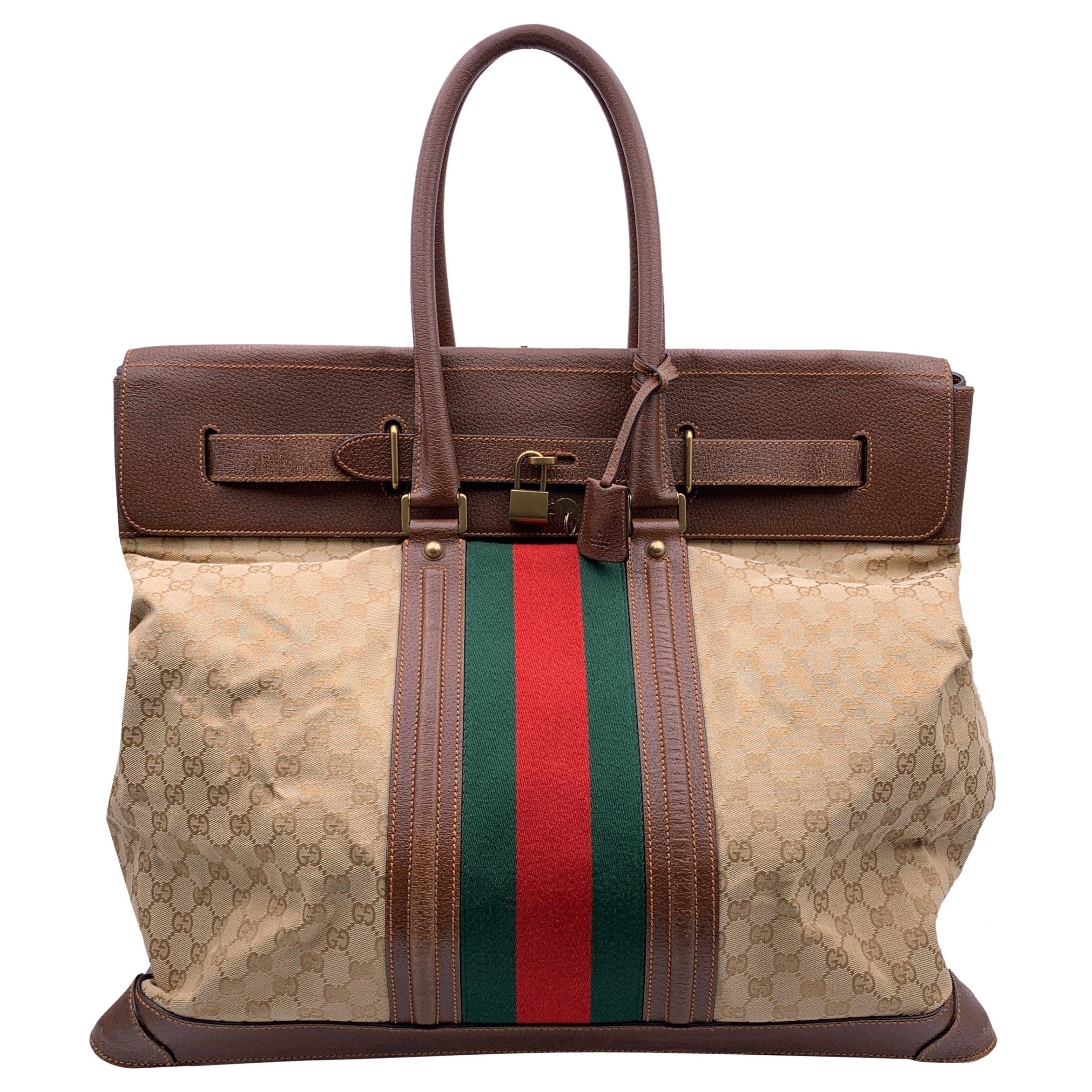 Gucci Beige Monogram Canvas Weekender Travel Bag with Stripes For Sale