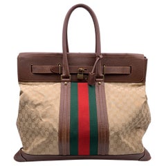 Used Gucci Beige Monogram Canvas Weekender Travel Bag with Stripes