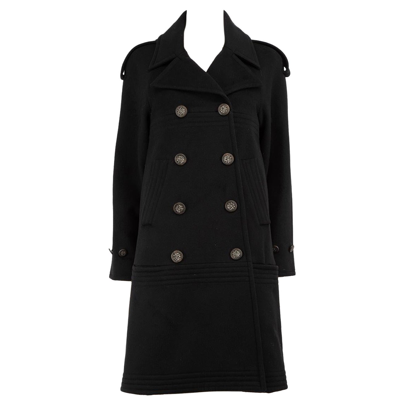 Chanel - Manteau croisé boutonné en laine noire, taille XS en vente