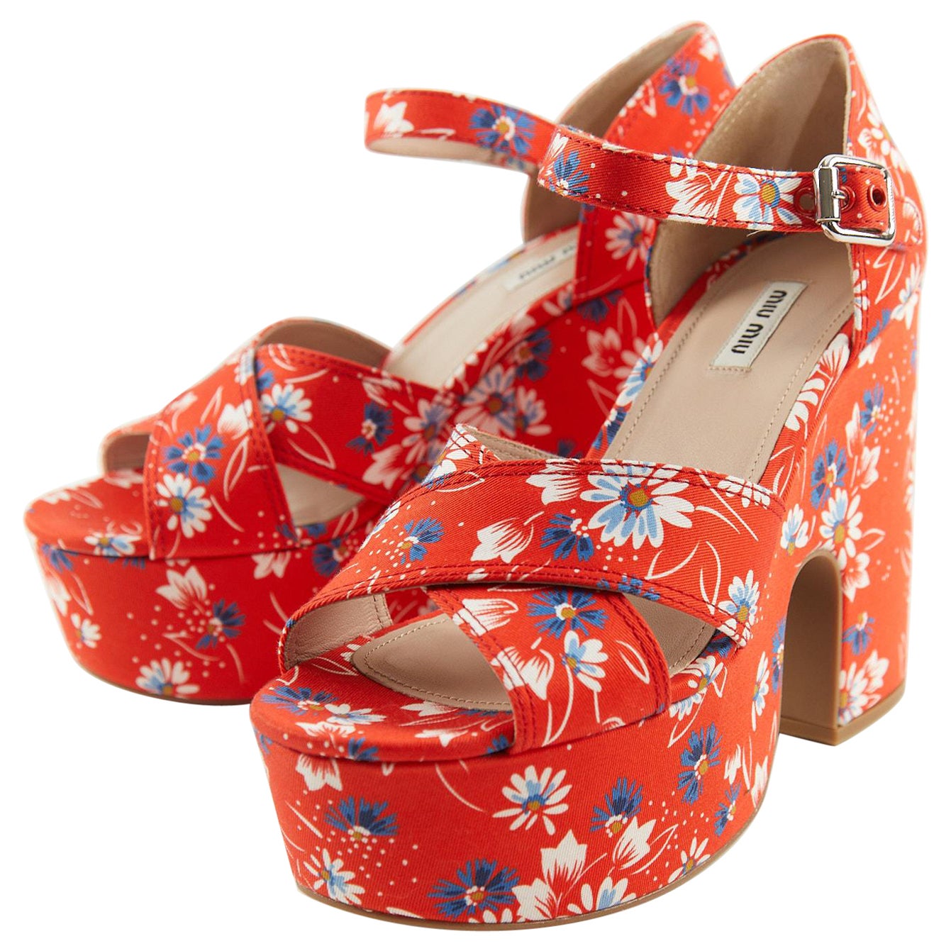 MIU MIU Daisy Print Twill Platform Sandals - Size 40.5 (EU) For Sale