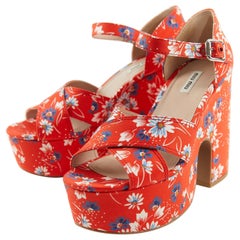 Used MIU MIU Daisy Print Twill Platform Sandals - Size 40.5 (EU)