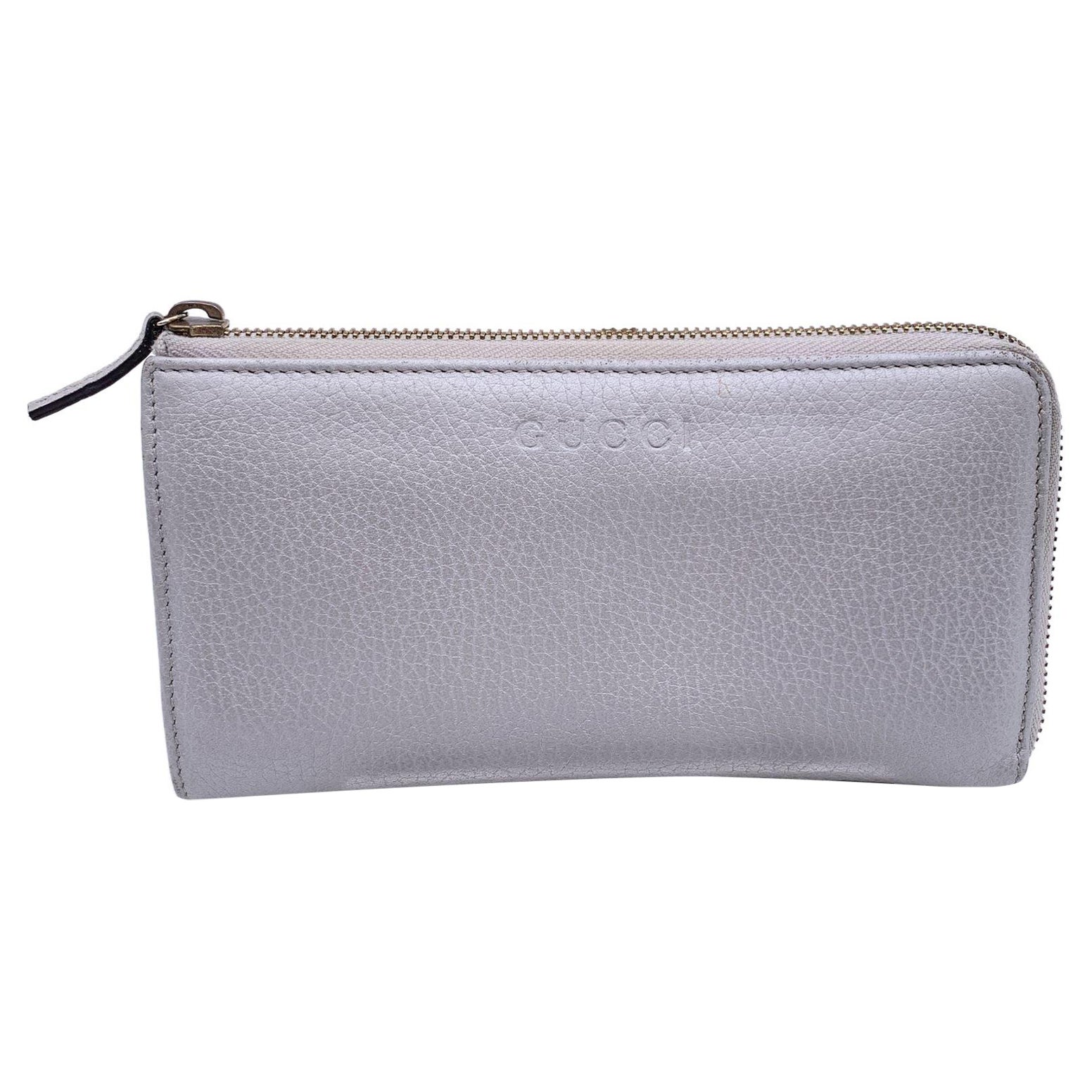 Gucci Silver Tone Leather Continental Zip Wallet Coin Purse For Sale