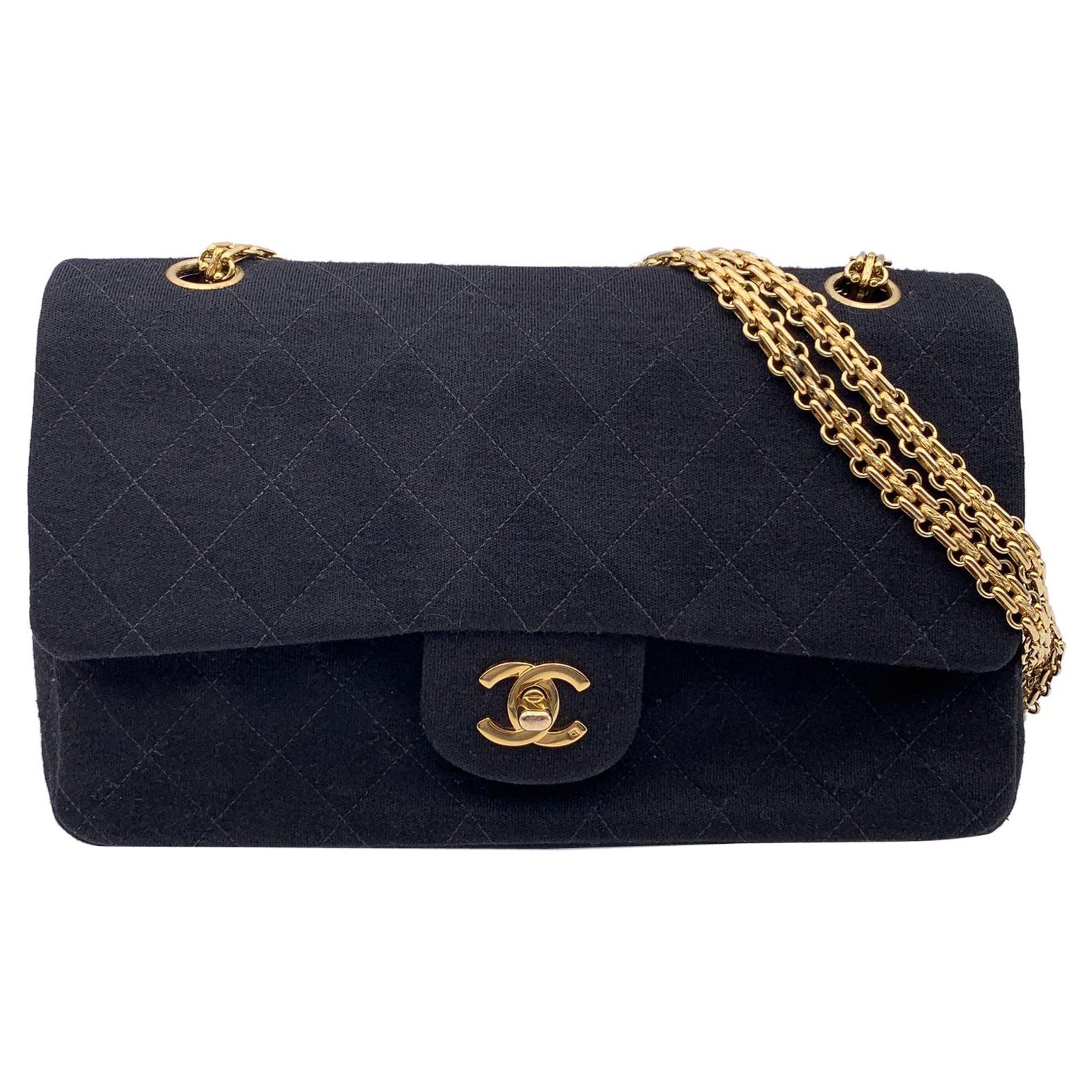 Chanel Vintage Black Jersey Double Flap 2.55 Bag Mademoiselle Chain
