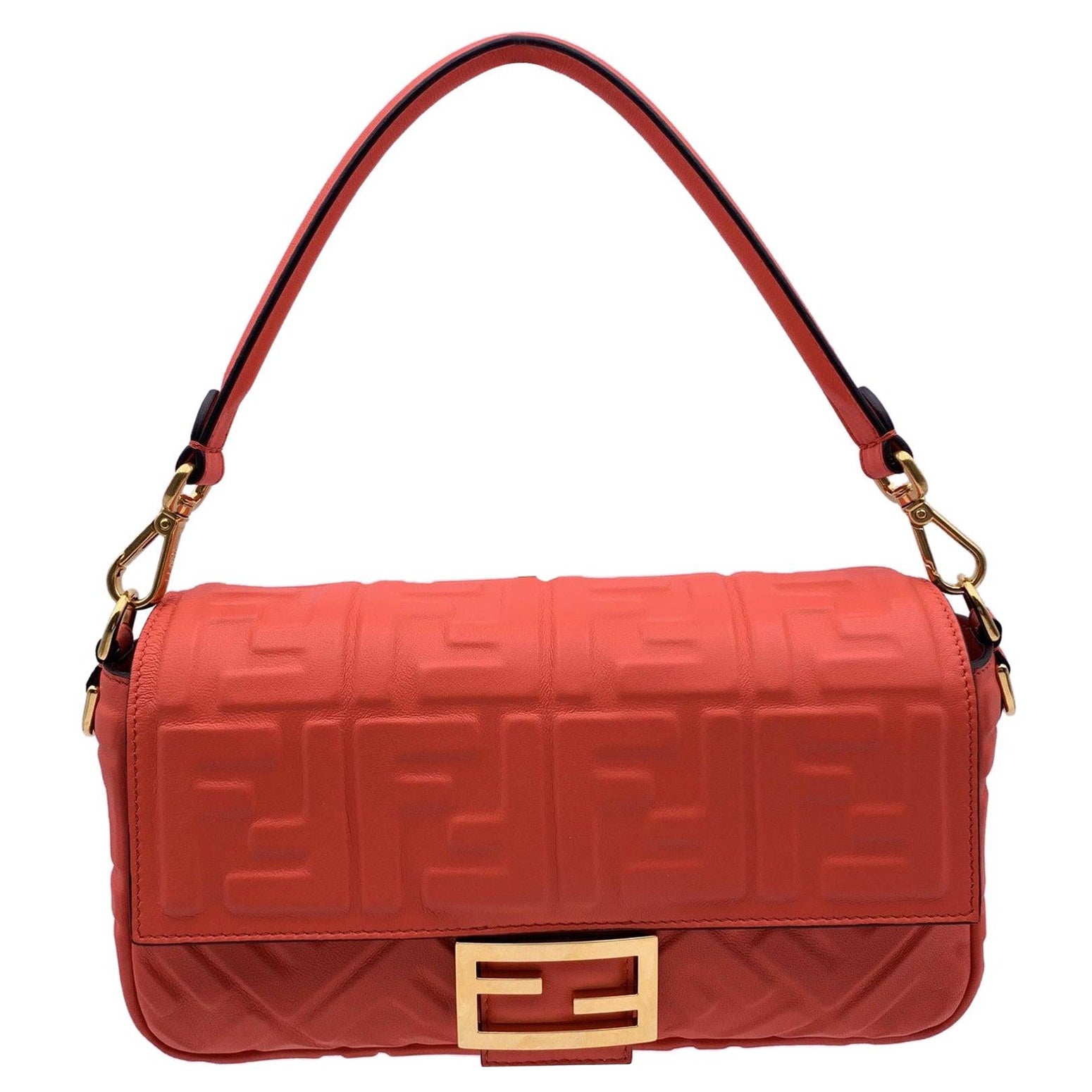Fendi Orange Red Embossed FF Logo Leather Baguette Shoulder Bag For Sale