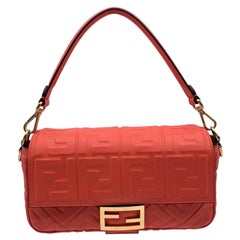 Used Fendi Orange Red Embossed FF Logo Leather Baguette Shoulder Bag