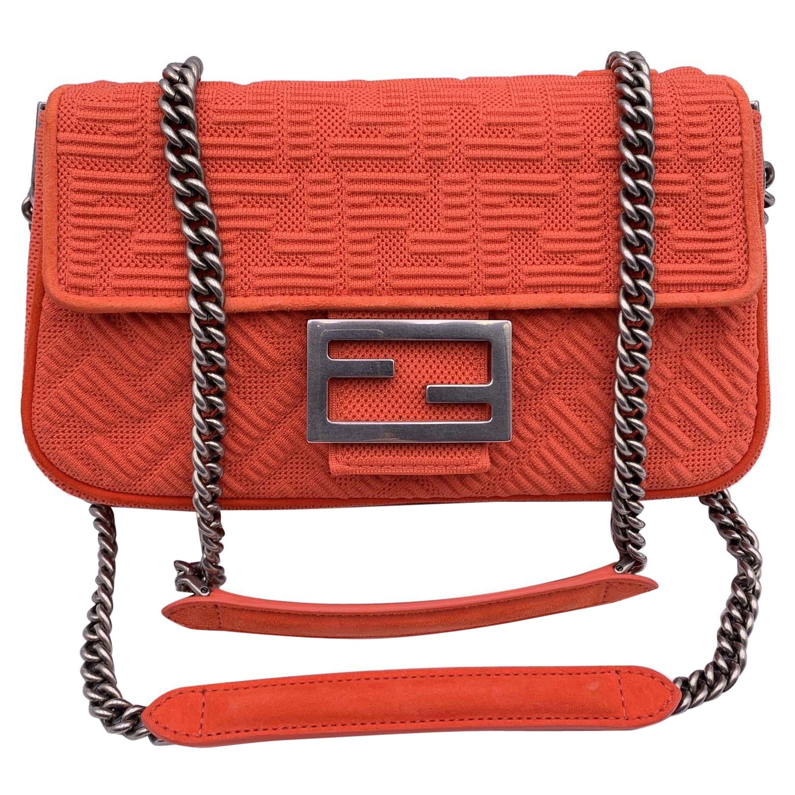 Fendi Orange Embossed FF Logo Baguette Chain Crossbody Bag For Sale