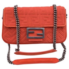 Fendi Orange Embossed FF Logo Baguette Chain Crossbody Bag