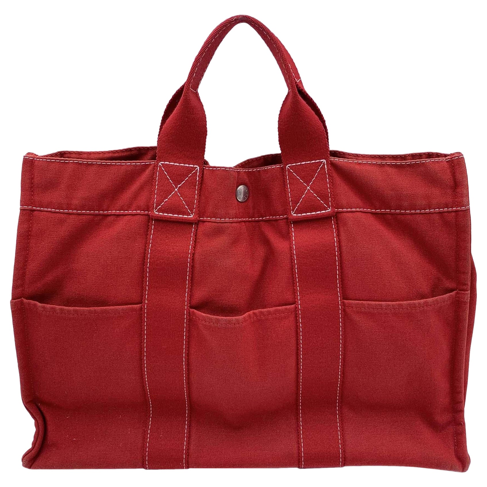 Hermes Paris Vintage Red Canvas Cotton Fourre Tout MM Bag Tote For Sale