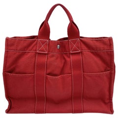 Hermes Paris Used Red Canvas Cotton Fourre Tout MM Bag Tote