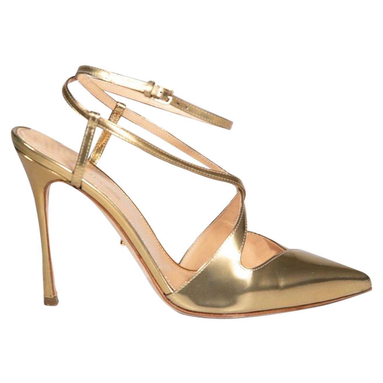 Sergio Rossi Gold Leather Pointed Toe Heels Size IT 37.5 For Sale