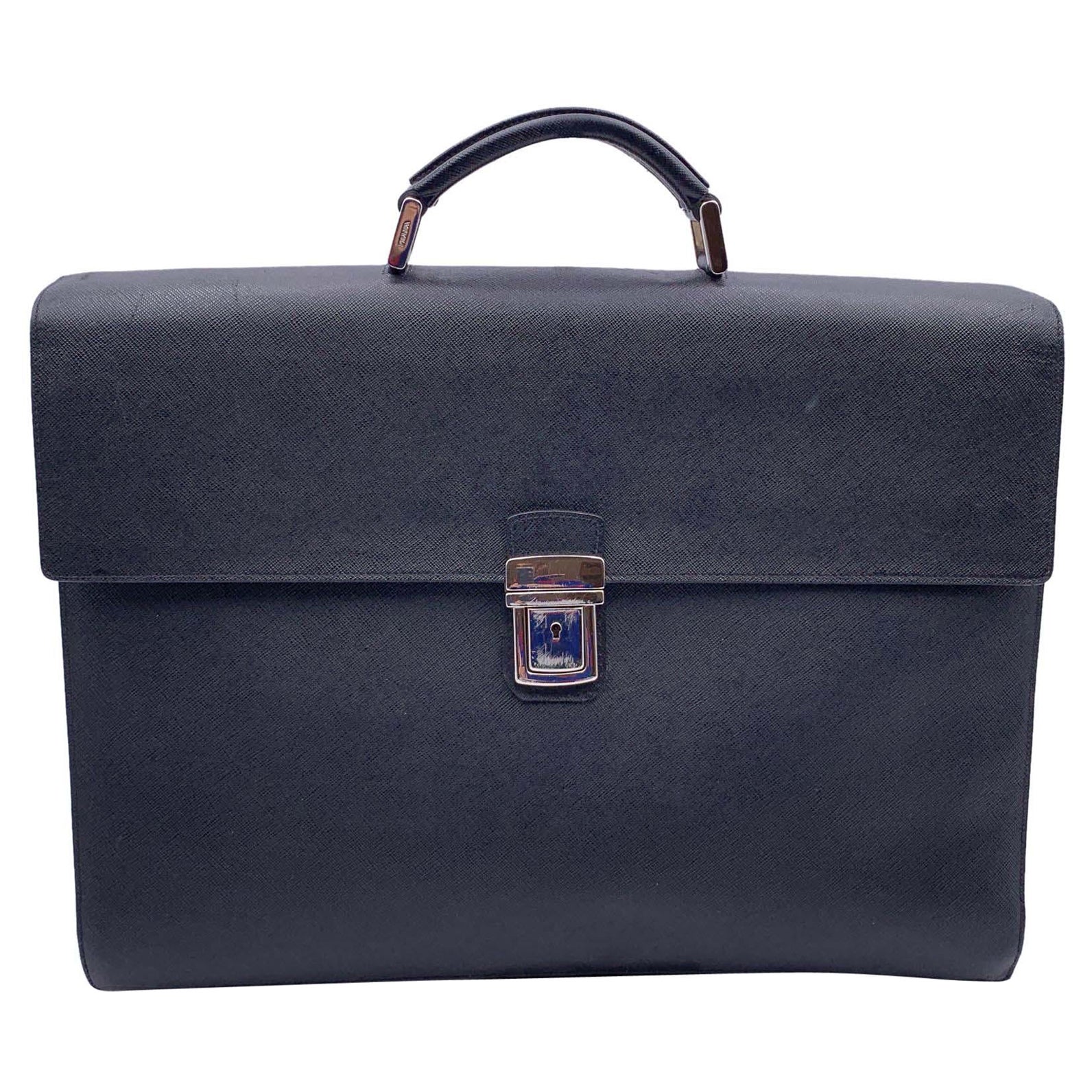 Prada Black Saffiano Leather 3 Gussets Briefcase Work Bag en vente