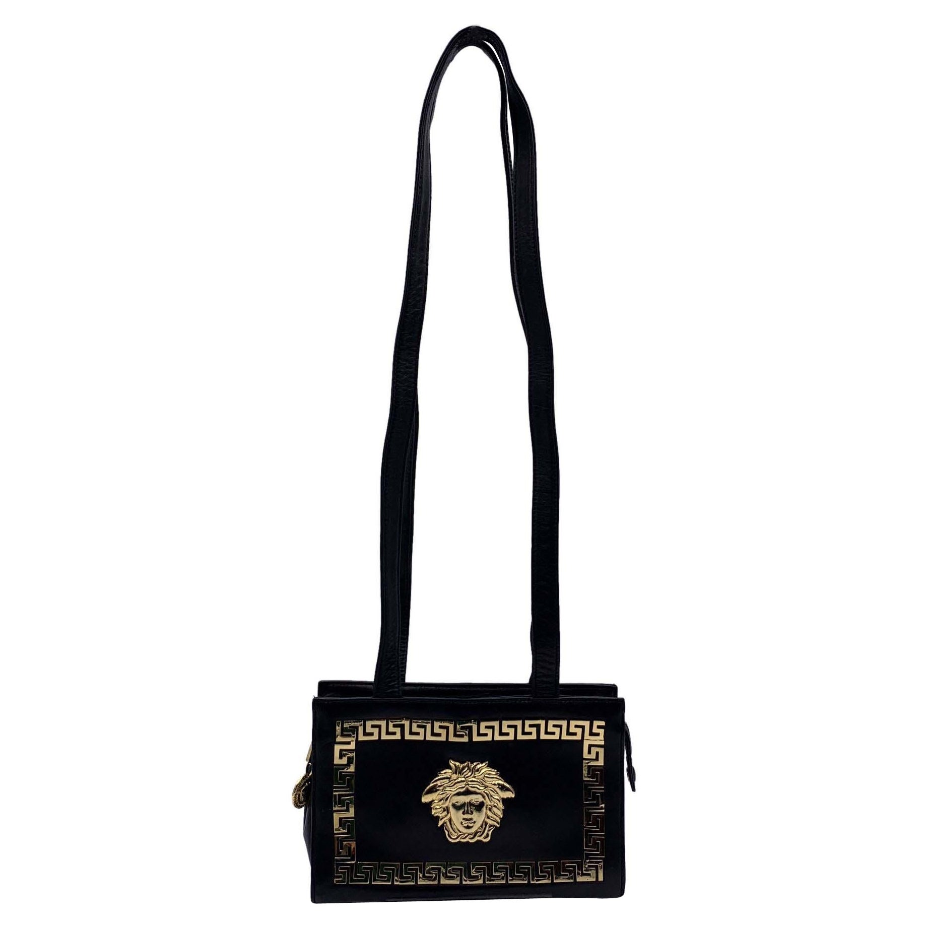 Gianni Versace Couture Vintage Black Leather Medusa Shoulder Bag For Sale
