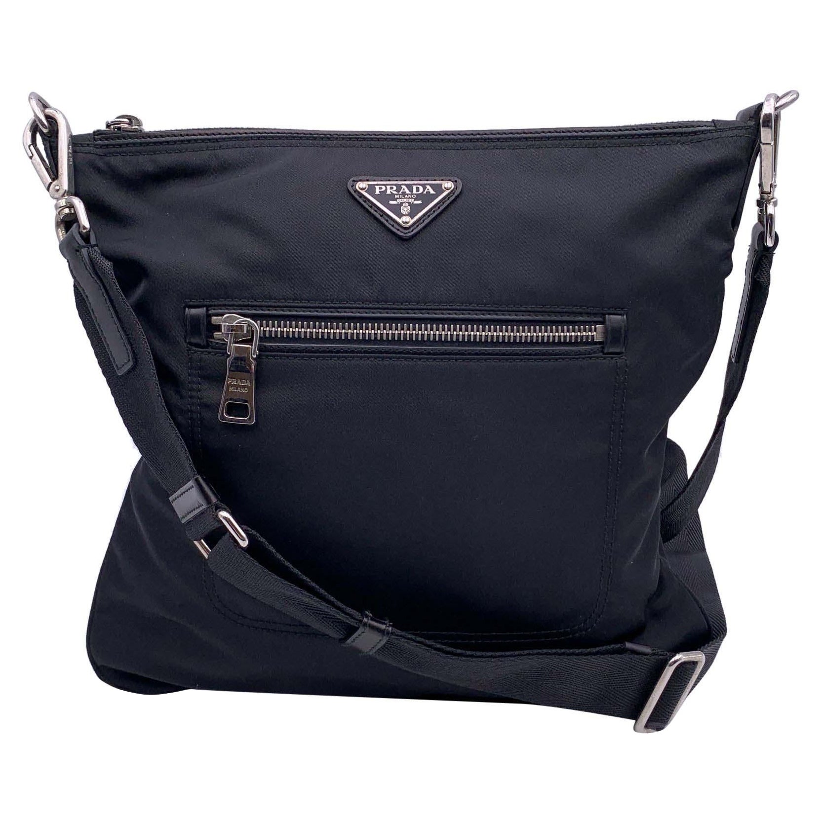 Prada Black Nylon Tessuto Messenger Bag with Front Pocket For Sale