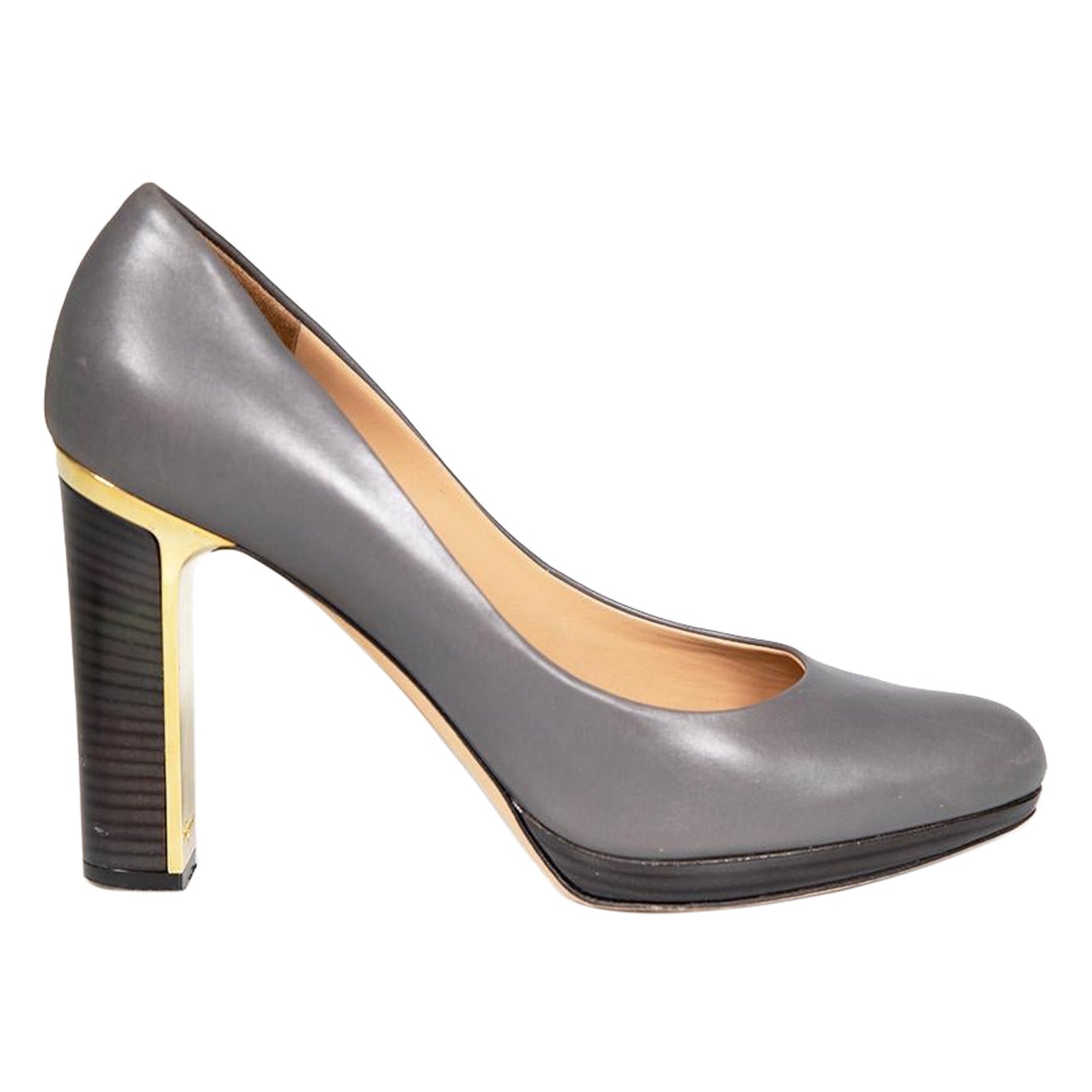 Salvatore Ferragamo Grey Leather Almond Toe Heels Size US 7.5 For Sale