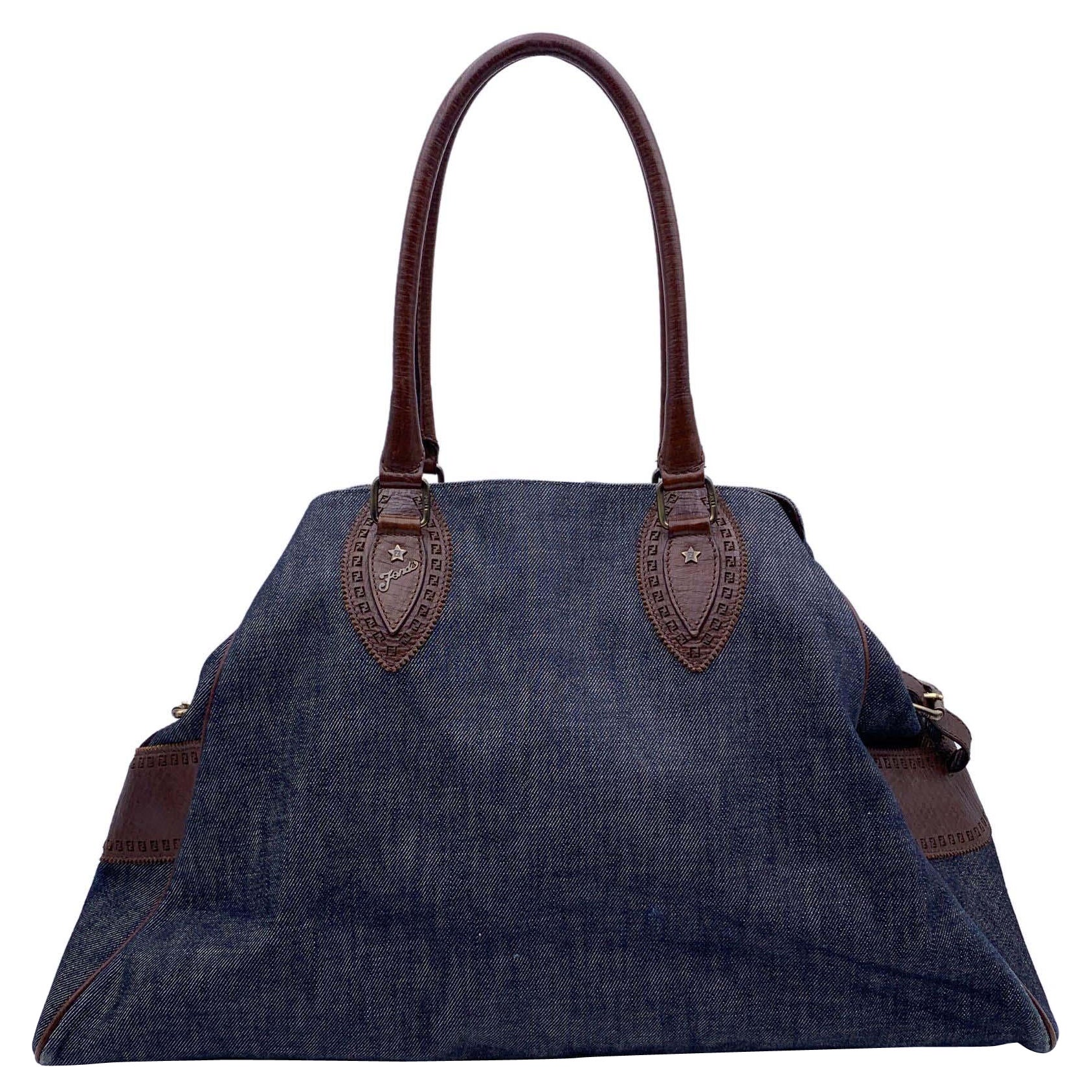 Fendi Blue Denim and Brown Leather Du Jour Shoulder Bag Tote