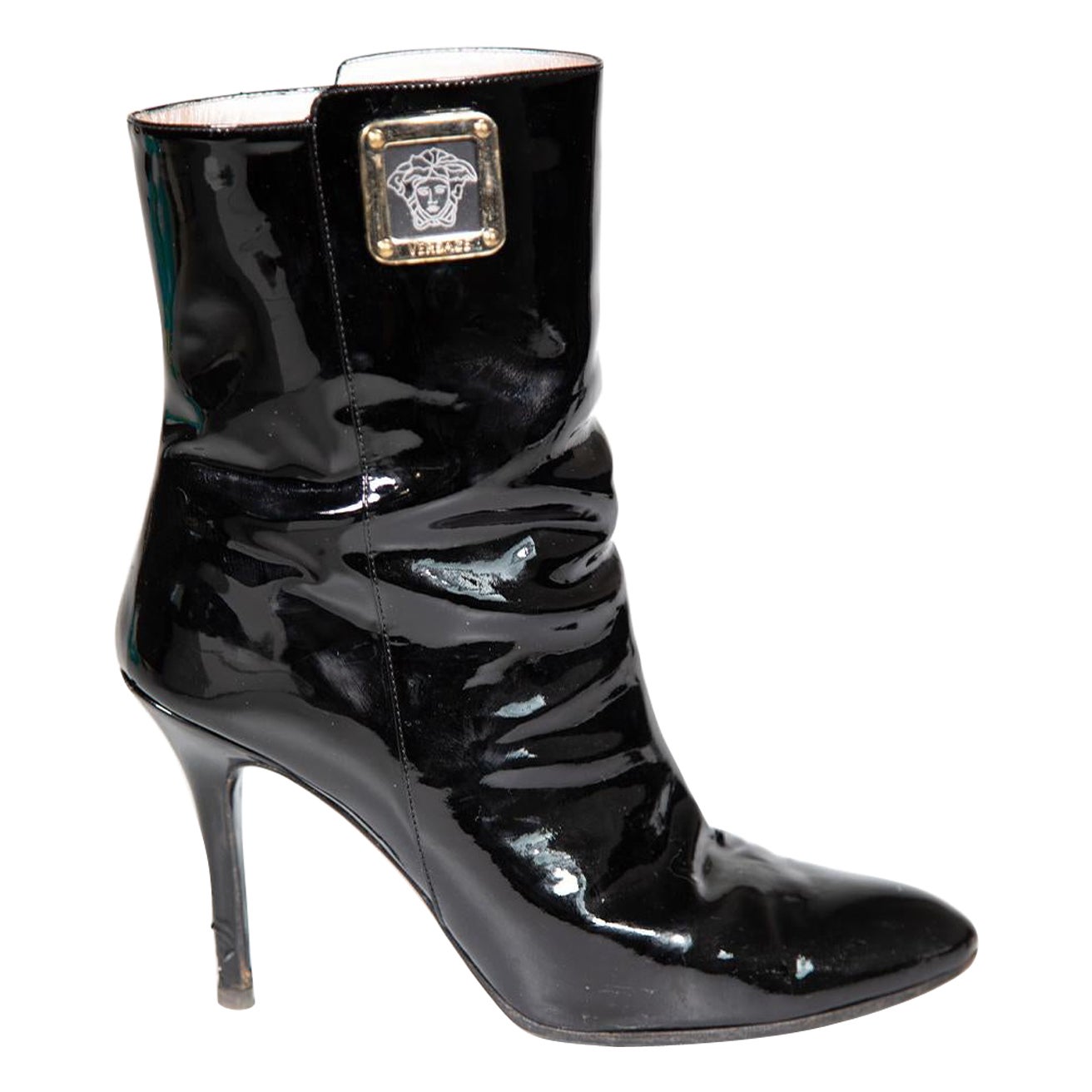 Versace Black Patent Leather Medusa Logo Boots Size IT 37.5 For Sale