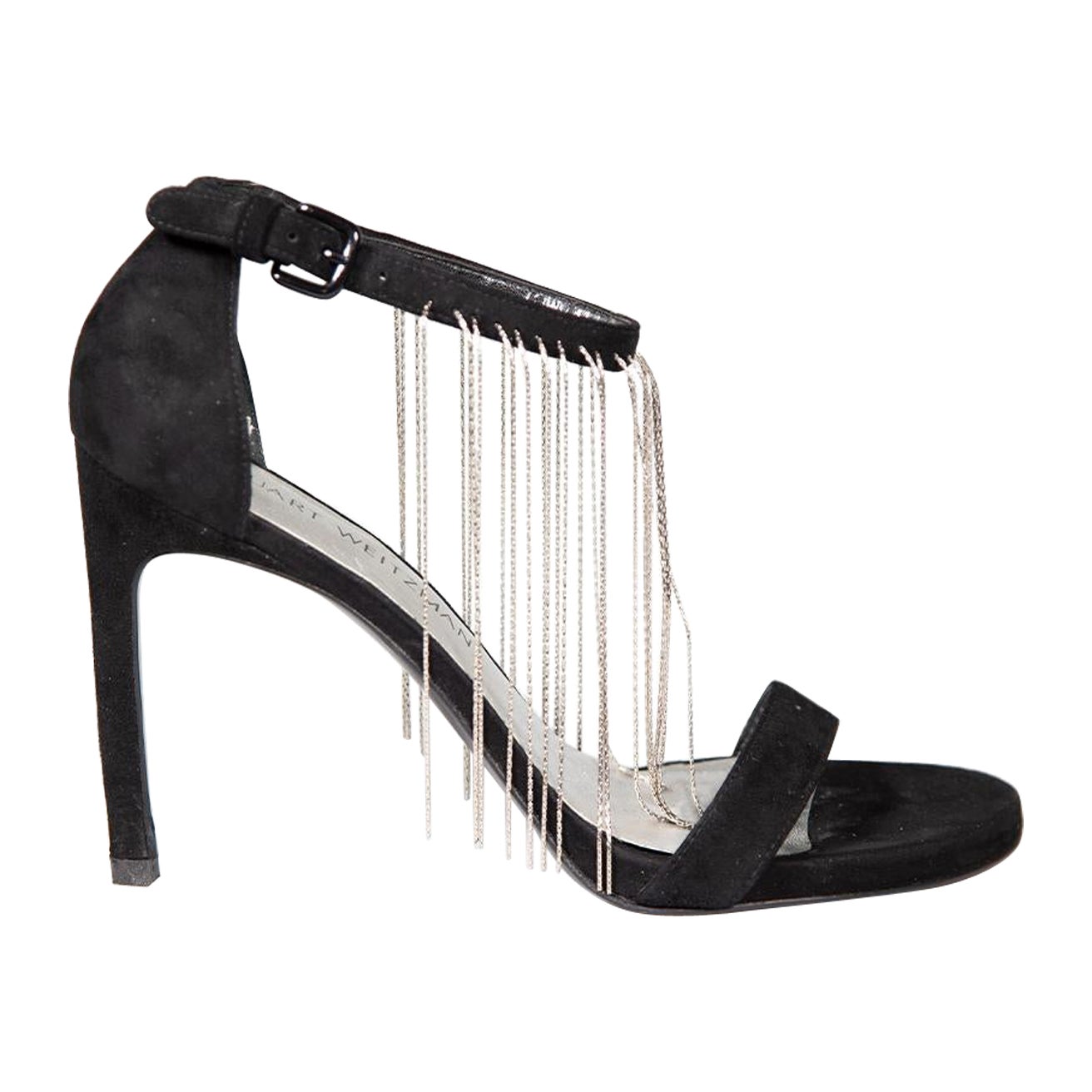 Stuart Weitzman Open Toe Tassel Heels en daim noir Taille US 7.5 en vente