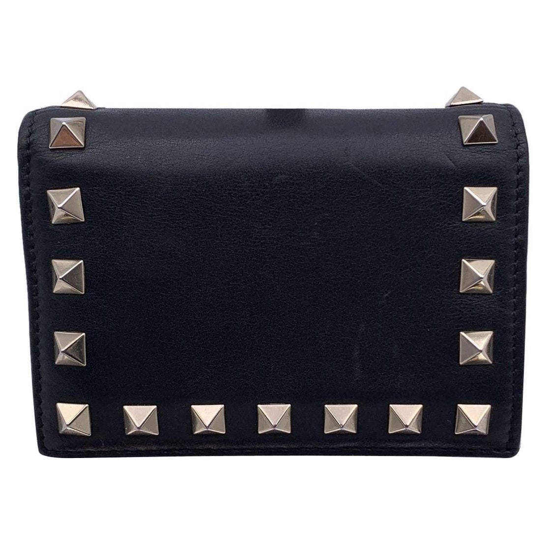 Valentino Black Leather Rockstud Compact French Flap Wallet