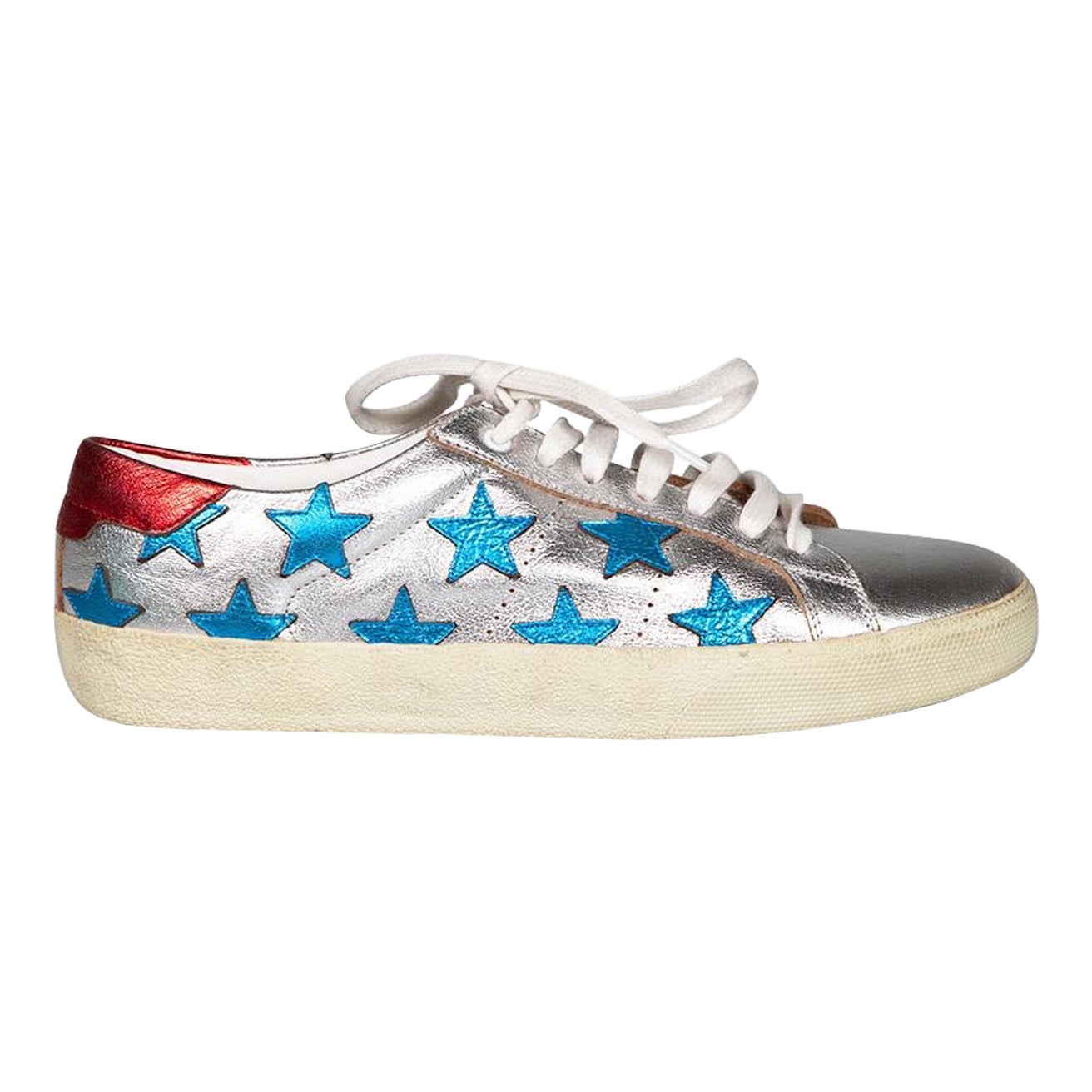 Saint Laurent Silver Leather Star Trainers Size IT 39 For Sale