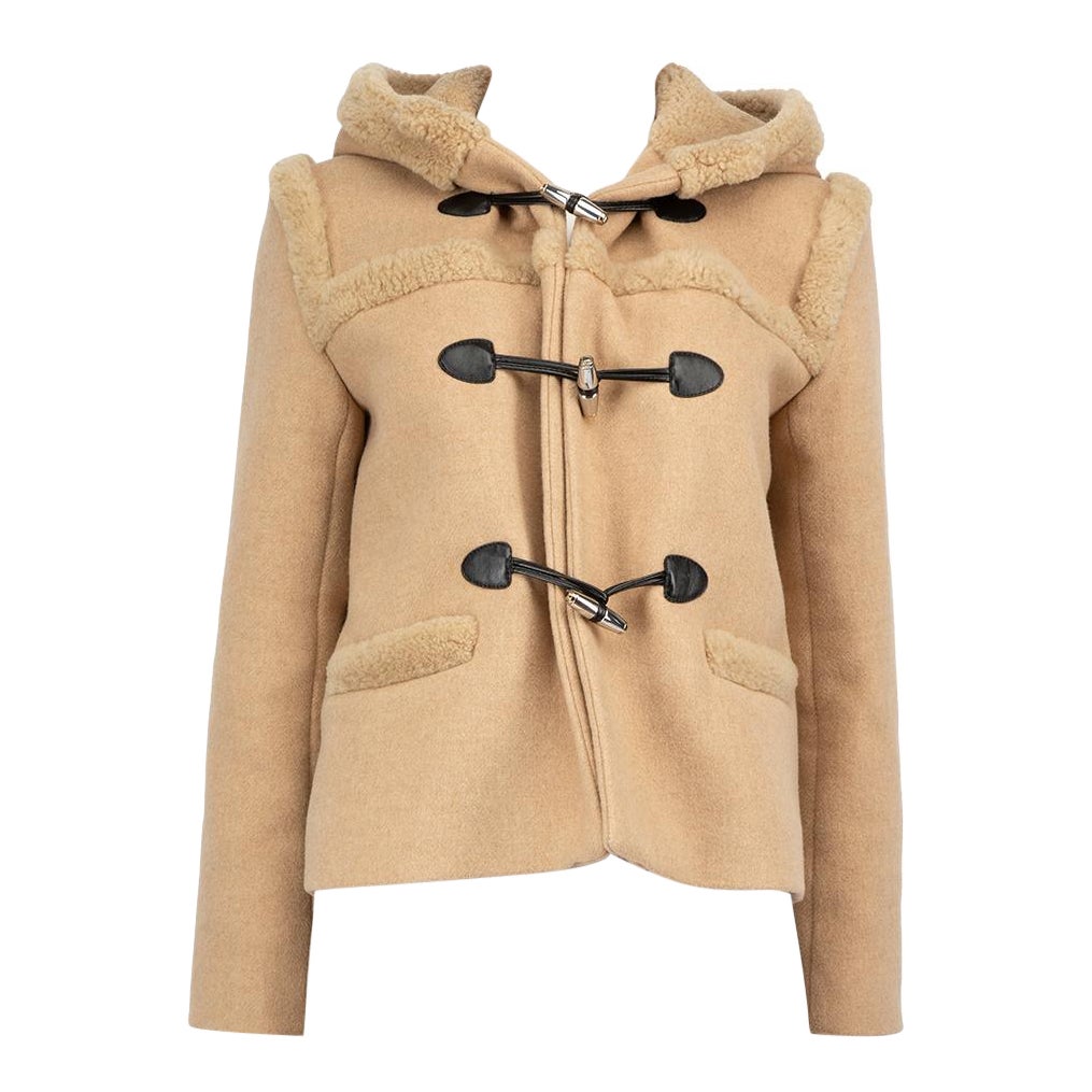 Sandro Camel Wool Hooded Shearling Coat Size S For Sale