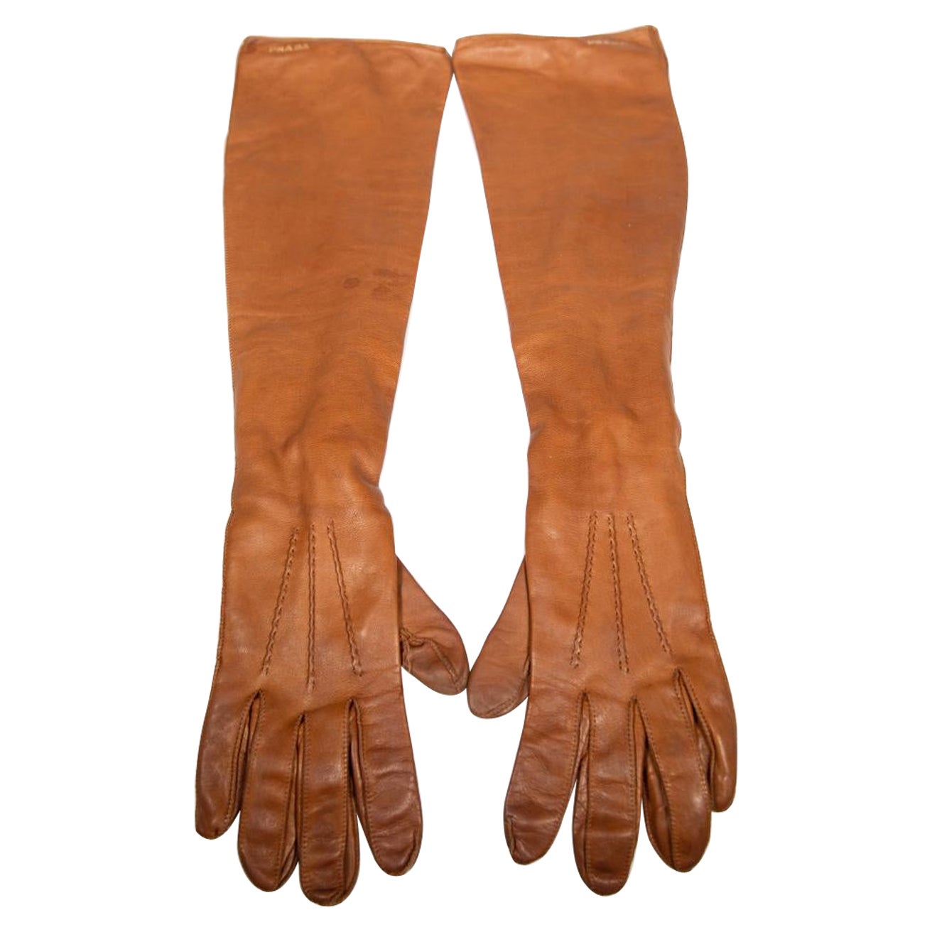 Prada Brown Leather Long Gloves For Sale