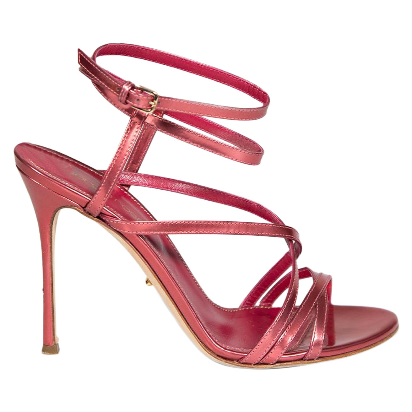 Sergio Rossi Pink Metallic Leather Strap Sandals Size IT 37.5 For Sale